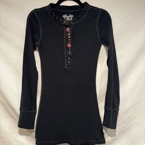 Free People Black Long Sleeve Henley Top with Button Accents